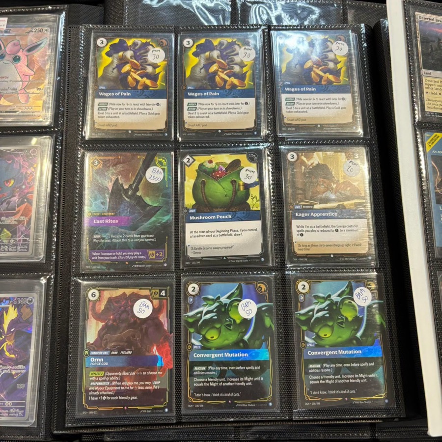 A binder of Riftbound singles with price tags